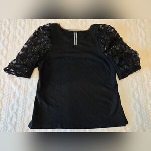 Anthropologie Black Embellished Lace Sequin Sleeve Top Size M